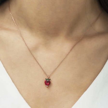 ​925 ayar gümüş rose çilek figür meyve kolye