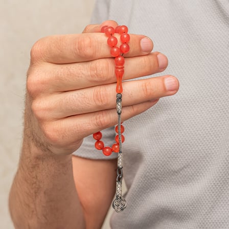 Gümüş Kazaz Püsküllü Sıkma Kehribar Tesbih