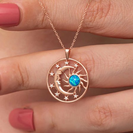 Gümüş Rose Opal Mi Taşlı Ay Güneş Kadın Kolye