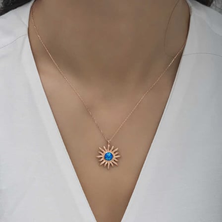 ​925 Ayar Gümüş Rose Mi Opal Taşlı Güneş Kadın Kolye
