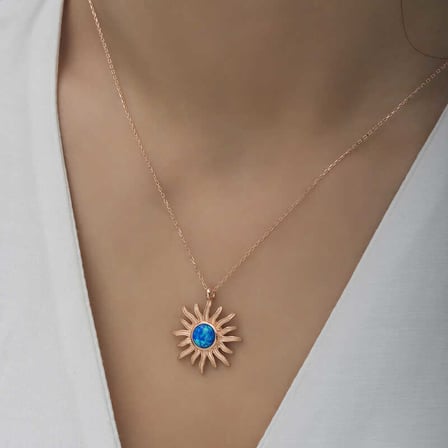 ​925 Ayar Gümüş Rose Mi Opal Taşlı Güneş Kadın Kolye