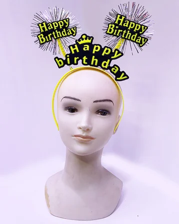 Parti Happy Birthday Püsküllü Neon Sarı Renk Doğum Günü Tacı 22x19 cm