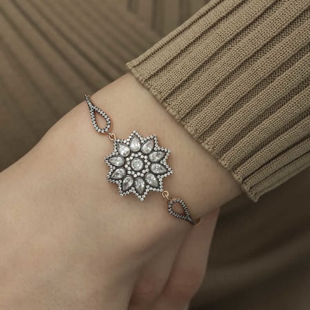 ​925 Ayar Gümüş Rose Çiçek Desenli Elmas Montür Bileklik