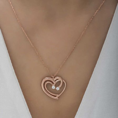 925 Ayar Gümüş Rose Birleşmiş Kalpler Kadın Kolye