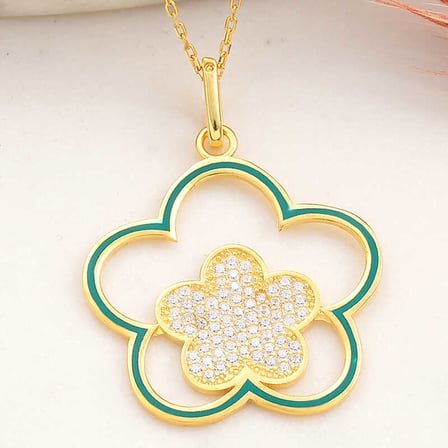 925 Ayar ​Gümüş Gold Çiçek Desenli Kadın Kolye
