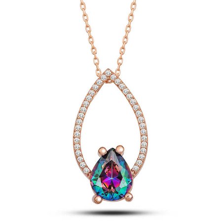 Gümüş Rose Mistik Topaz Taşlı Damla Kadın Kolye
