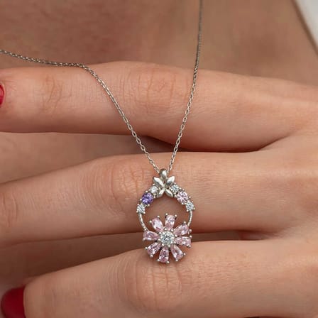 gümüş pembe dönen çiçek kadın kolye
