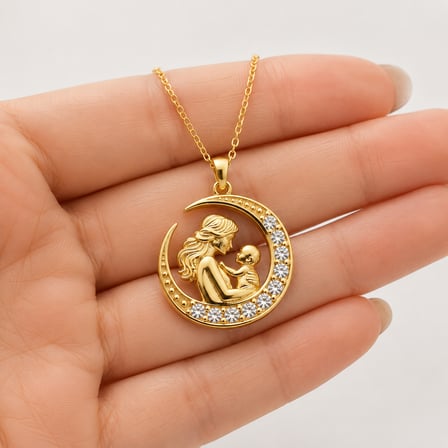 Gümüş Hilal İçinde Anne Bebek Figürlü Gold Kolye