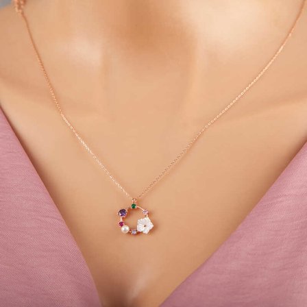925 ayar gümüş rose renkli taşlı manolya çiçeği kadın kolye