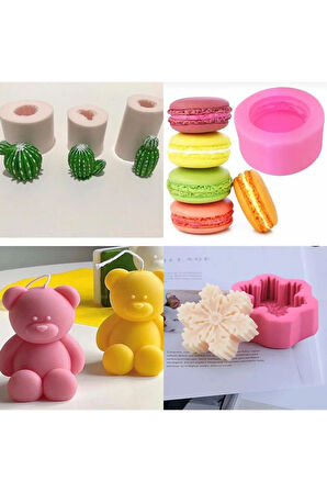 mum silikon kalıbı 4'lü set (macaron , kar tanesi , 3'lü kaktüs ,minik ayıcık)
