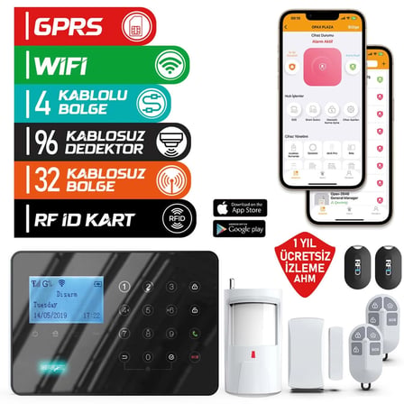 ARD-575 Siyah GPRS/GSM/WiFi 4G Dokunmatik Kablolu Kablosuz Ev ve İşyeri Alarm Paneli