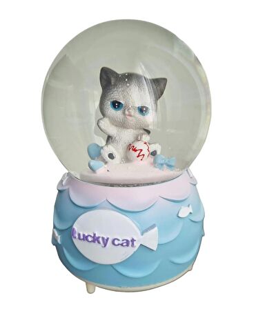 IŞIKLI MÜZİKLİ KAR PÜSKÜRTMELİ ŞANSLI KEDİ CAM KAR KÜRESİ