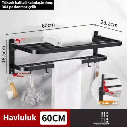 Raflı Havluluk Oval Köşeli Model 60 CM SS304 Paslanmaz Çelik Renk Mat Siyah