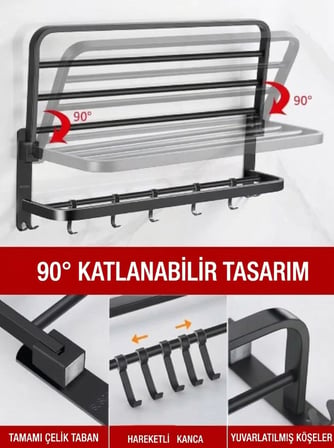 Raflı Havluluk Oval Köşeli Model 60 CM SS304 Paslanmaz Çelik Renk Mat Siyah