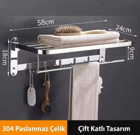 Raflı Havluluk Oval Köşeli Model 60 CM SS304 Paslanmaz Çelik Renk Parlak Krom
