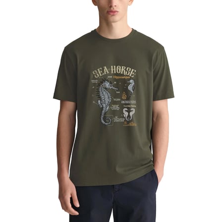 Tarrzz Sea Horse Anatomy  Tasarım Tişört Sanatsal Baskılı Tişört %100 Pamuklu Haki Yeşili Bisiklet Yaka Kısa Kollu Tasarım Tshirt