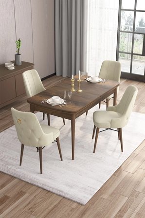 Are Serisi 80x132 Açılabilir Mdf Barok Ahşap Desenli Masa Takımı Ve 4 Krem Sandalye