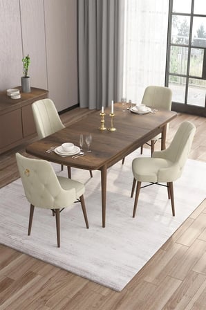 Are Serisi 80x132 Açılabilir Mdf Barok Ahşap Desenli Masa Takımı Ve 4 Krem Sandalye