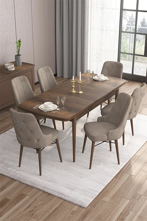 Are Serisi 80x132 Mdf Açılabilir Barok Ahşap Desen Masa Takımı Ve 6 Cappucino Sandalye