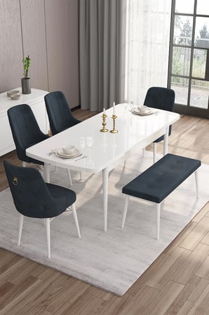 Are Serisi 80x132 Mdf Açılabilir Benchli Beyaz Mutfak Masa Takımı 4 Antrasit Sandalye 1 Bench