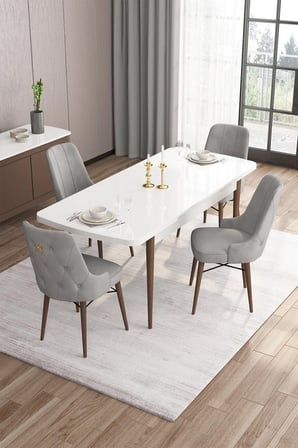 Are Serisi 80x132 Mdf Açılabilir Beyaz Masa Ceviz Ayak Masa Takımı 4 Gri Sandalye