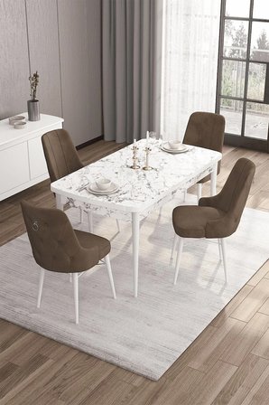 Are Serisi 80x132 Açılabilir Beyaz Mermer Desen Masa Takımı Ve 4 Kahverengi Sandalye
