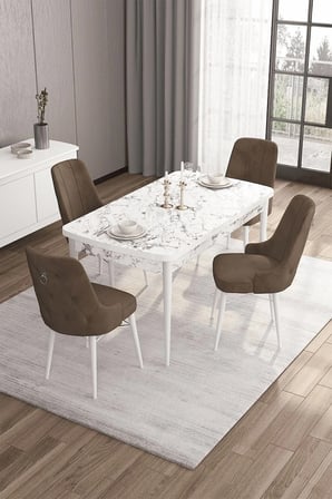 Are Serisi 80x132 Açılabilir Beyaz Mermer Desen Masa Takımı Ve 4 Kahverengi Sandalye