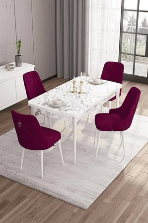 Are Serisi 80x132 Açılabilir Beyaz Mermer Desen Masa Takımı Ve 4 Mürdüm Sandalye