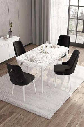 Are Serisi 80x132 Açılabilir Beyaz Mermer Desen Masa Takımı Ve 4 Siyah Sandalye