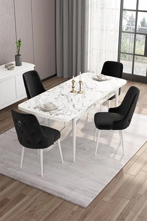 Are Serisi 80x132 Açılabilir Beyaz Mermer Desen Masa Takımı Ve 4 Siyah Sandalye