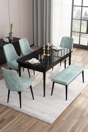 Are Serisi 80x132 Açılabilir Siyah Mermer Desen Masa Takımı 4 Su Yeşili Sandalye Ve 1 Bench