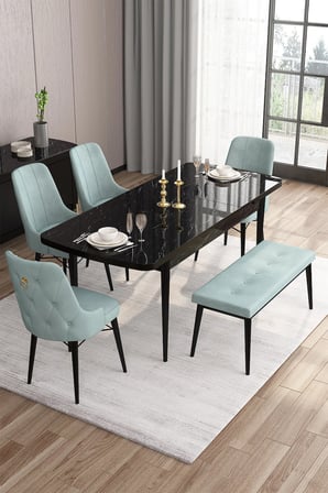 Are Serisi 80x132 Açılabilir Siyah Mermer Desen Masa Takımı 4 Su Yeşili Sandalye Ve 1 Bench
