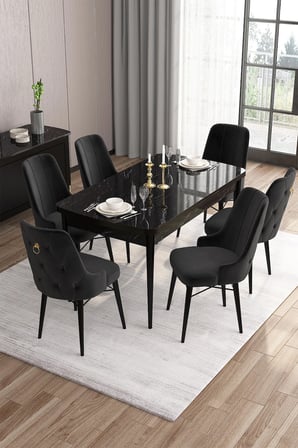 Are Serisi 80x132 Açılabilir Siyah Mermer Desen Mutfak Masası Takımı 6 Siyah Sandalye