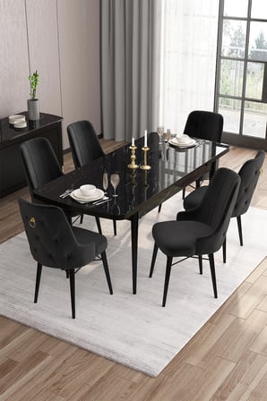 Are Serisi 80x132 Açılabilir Siyah Mermer Desen Mutfak Masası Takımı 6 Siyah Sandalye