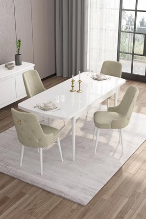 Are Serisi 80x132 Açılabilir Mdf Beyaz Mutfak Masası Takımı 4 Krem Sandalye