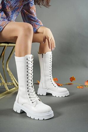 Beyaz Saknuk Cilt Bağcıklı Fermuarlı Topuk Boyu 5 CM Tam Boy 29 Cm Kadın Çizme Su Geçirmez Kaydırmaz Taban