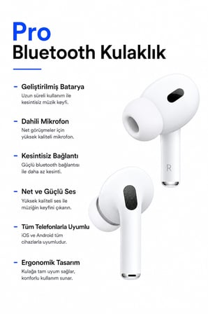 Pro Android ve IOS İphone Uyumlu Silikonlu Kablosuz Mikrofonlu Bluetooth Kulaklık İphone Samsung Xiaomi Redmi Oppo Realme Huawei Uyumlu Beyaz