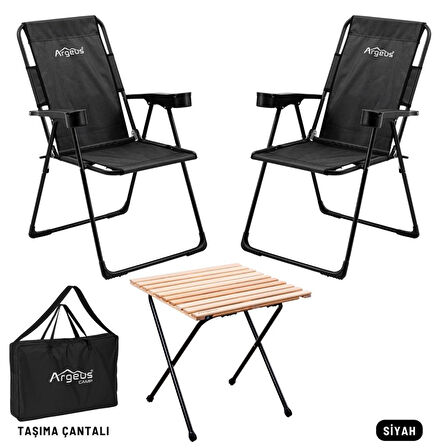 2 Adet Katlanır Kamp Sandalyesi ve Masa Seti - Rest - Taşıma Çantalı - Siyah - 130 KG Taşıma
