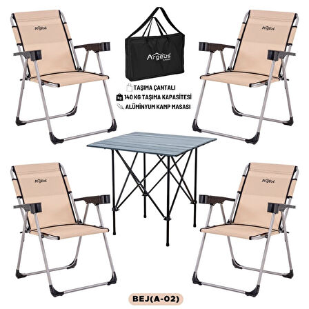 4 Adet Katlanır Kamp Sandalyesi ve Alüminyum Masa Seti - Rock Dark - Bej - Taşıma Çantalı