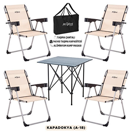 4 Adet Katlanır Kamp Sandalyesi ve Alüminyum Masa Seti - Rock Dark - Kapadokya - Taşıma Çantalı