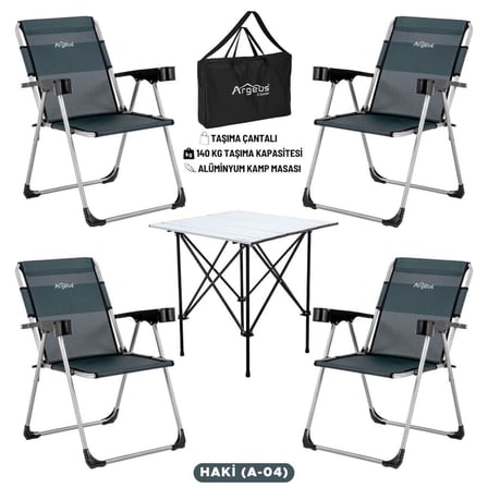 4 Adet Katlanır Kamp Sandalyesi ve Alüminyum Masa Seti - Rock Silver - Haki