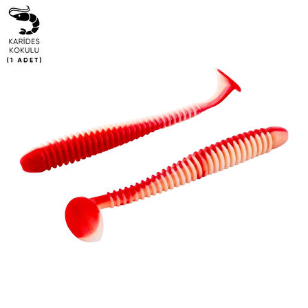 Silikon Kurt Yem - 4,2g 105mm - Turna/Levrek Silikonu - 1 Adet - Kırmızı/Beyaz - Karides Kokulu