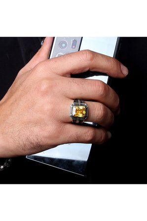 Sarı sitrin taşlı 925 ayar gümüş erkek yüzük