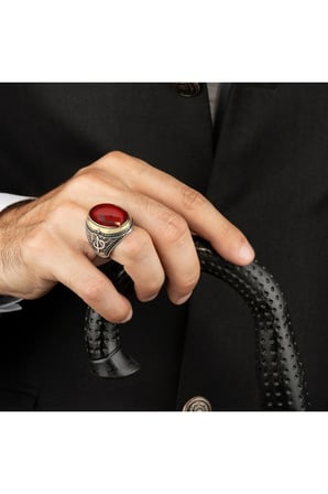 925 Ayar Gümüş Erkek Yüzük Kırmızı Zirkon Taşlı