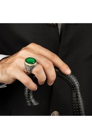 925 Ayar Gümüş Erkek Yüzük Yeşil Zirkon Taşlı