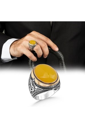 925 Ayar Gümüş Erkek Yüzük Sarı Akik Taşlı