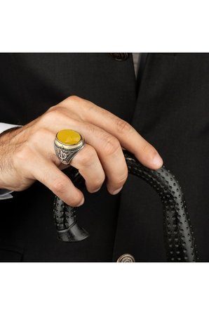 925 Ayar Gümüş Erkek Yüzük Sarı Akik Taşlı