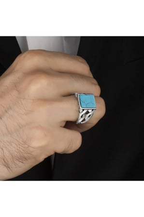 Firuze Turkuaz Taşlı 925 Ayar Gümüş Erkek Yüzük