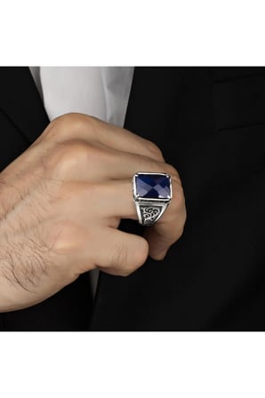 Mavi Zirkon Taşlı Taşlı 925 Ayar Gümüş Erkek Yüzük