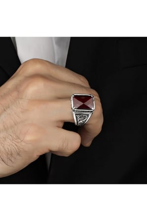 Kırmızı Zirkon Taşlı Taşlı 925 Ayar Gümüş Erkek Yüzük
